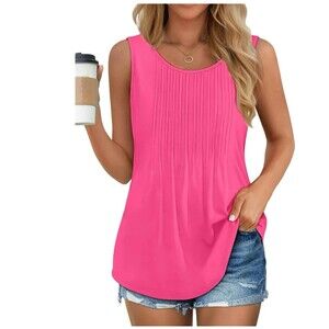 Women's Tank Top Dressy Casual Sleeveless Blouse Crew Neck Pleated Tunic Shirt L